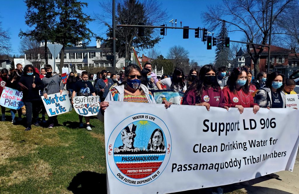 Passamaquoddy at Sipayik citizens marching at a rally at the Maine State House for clean drinking water