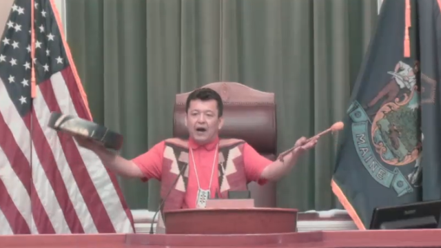 Passamaquoddy culture keeper Dwayne Tomah offered the song “Come Together" to close out the joint legislative session.