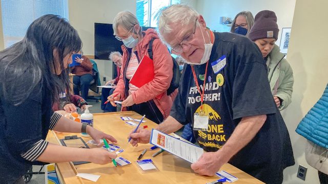 Volunteers staffed check-in tables and Lobby Day trainings, helping supporters from all 16 counties learn more about the importance of Wabanaki sovereignty.