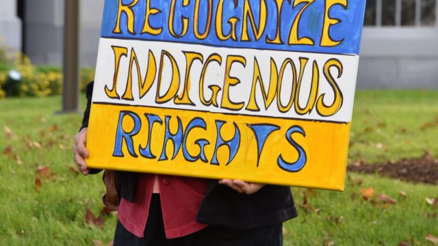 Photo: Anne Henshaw person holding sign painted blue, white and yellow with text recognize indigenous rights