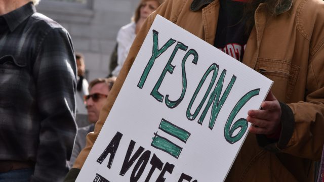 Photo: Anne Henshaw person with mustache and dark baseball cap and brown jacket holding white sign with text yes on 6 equals a vote for truth