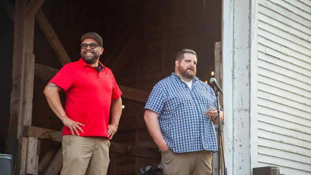 Rep. John Andrews receives his Wabanaki Champion award, presented by Rep. Aaron Dana of the Passamaquoddy Tribe.